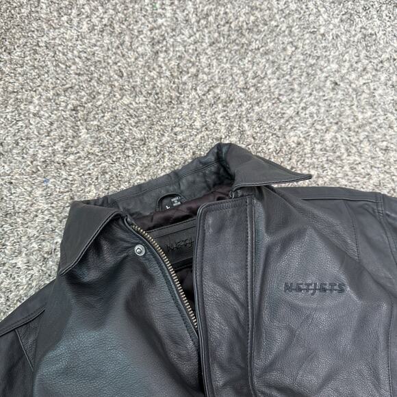 Netjets Leather Jacket Mens L Black Full Zip Bomber Aviator Flight Travel Coat - Picture 7 of 7